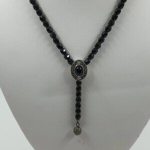 Vintage Monet Black Onyx Beaded Necklace with Marcasite and Onyx Oval Pendant.
